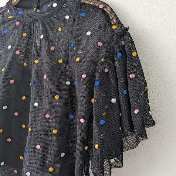 Vero Alfie Womens Blusa Bersuit Polka Dot Mesh Blouse Size Large Black - Picture 3 of 6